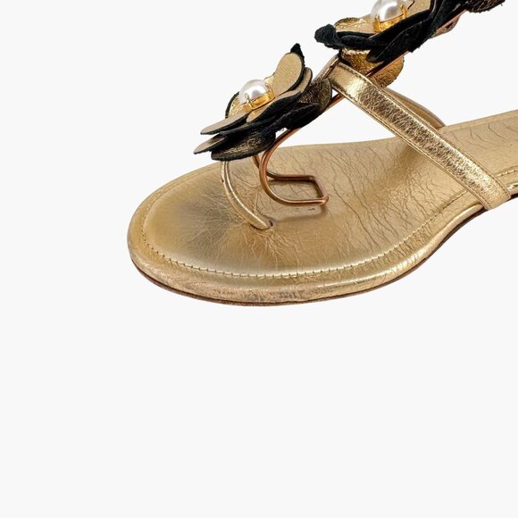 Chanel Camellia Pearl T-Strap Sandals Gold Leather Size 37C US 6–6.5 Women Flat - Picture 12 of 15